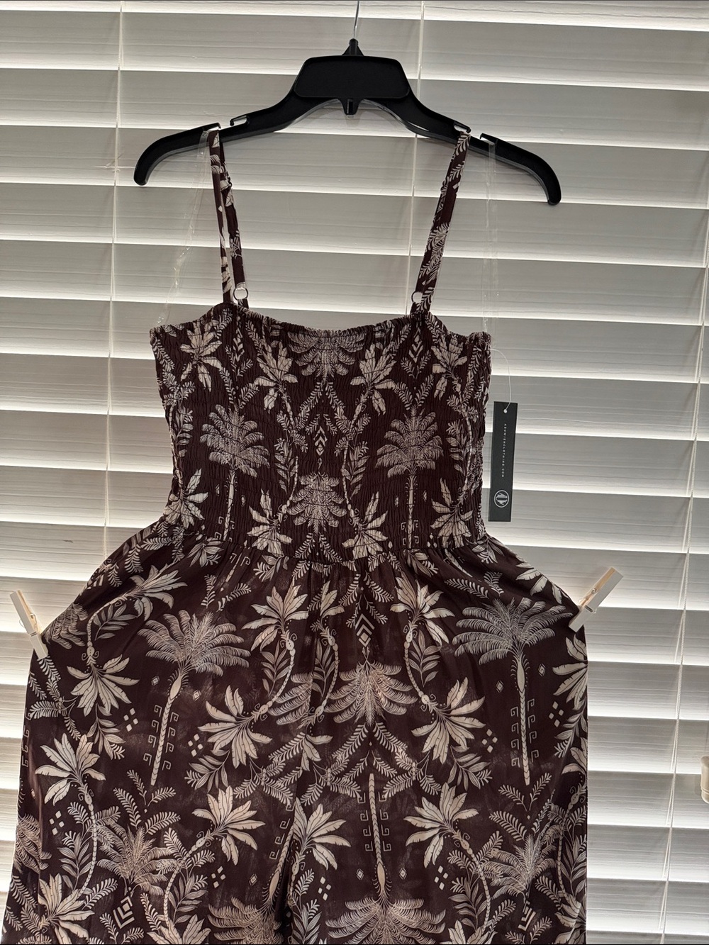 Brown Palm-Print Smocked Sundress